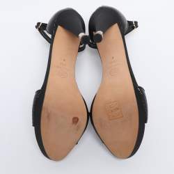 Pre Owned Chanel Black Textured Patent Leather CC Heel Ankle Strap Sandals Size 41.5