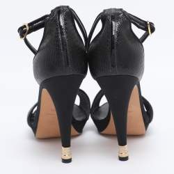 Pre Owned Chanel Black Textured Patent Leather CC Heel Ankle Strap Sandals Size 41.5