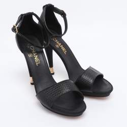 Pre Owned Chanel Black Textured Patent Leather CC Heel Ankle Strap Sandals Size 41.5