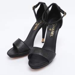Pre Owned Chanel Black Textured Patent Leather CC Heel Ankle Strap Sandals Size 41.5