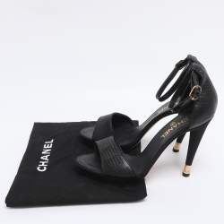 Pre Owned Chanel Black Textured Patent Leather CC Heel Ankle Strap Sandals Size 41.5