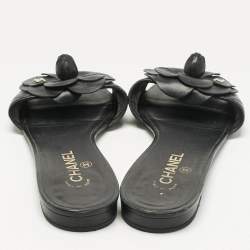 Pre Owned Chanel Black Leather CC Camellia Flat Slides Size 41.5