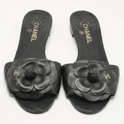 Pre Owned Chanel Black Leather CC Camellia Flat Slides Size 41.5
