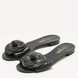 Pre Owned Chanel Black Leather CC Camellia Flat Slides Size 41.5