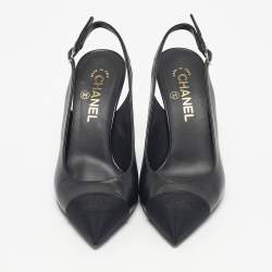 Pre Owned Chanel Black Leather and Canvas Pointed Toe Slingback Pumps Size 38.5