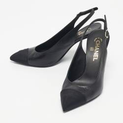 Pre Owned Chanel Black Leather and Canvas Pointed Toe Slingback Pumps Size 38.5