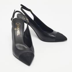 Pre Owned Chanel Black Leather and Canvas Pointed Toe Slingback Pumps Size 38.5