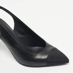 Pre Owned Chanel Black Leather and Canvas Pointed Toe Slingback Pumps Size 38.5