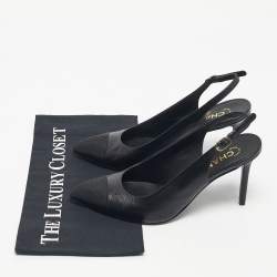 Pre Owned Chanel Black Leather and Canvas Pointed Toe Slingback Pumps Size 38.5