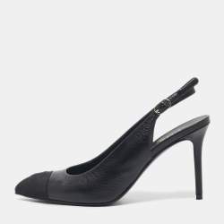 Pre Owned Chanel Black Leather and Canvas Pointed Toe Slingback Pumps Size 38.5