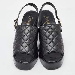 Pre Owned Chanel Black Quilted Leather CC Open Toe Platform Slingback Sandals Size 39