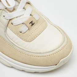 Pre Owned Chanel Cream/White Suede and Fabric CC Low Top Sneakers Size 38