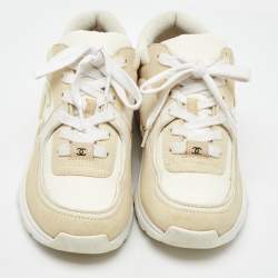 Pre Owned Chanel Cream/White Suede and Fabric CC Low Top Sneakers Size 38