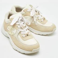 Pre Owned Chanel Cream/White Suede and Fabric CC Low Top Sneakers Size 38