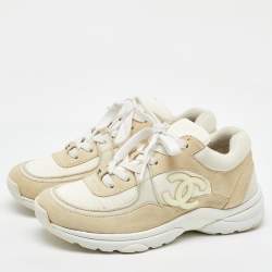 Pre Owned Chanel Cream/White Suede and Fabric CC Low Top Sneakers Size 38