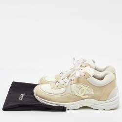 Pre Owned Chanel Cream/White Suede and Fabric CC Low Top Sneakers Size 38