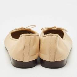 Pre Owned Chanel Beige/Black Leather CC Bow Cap Toe Ballet Flats Size 34.5