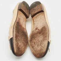 Pre Owned Chanel Beige/Black Leather CC Bow Cap Toe Ballet Flats Size 34.5