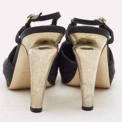 Pre Owned Chanel Black Canvas CC Cap Toe Slingback Pumps Size 37