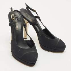 Pre Owned Chanel Black Canvas CC Cap Toe Slingback Pumps Size 37