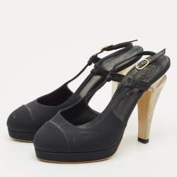 Pre Owned Chanel Black Canvas CC Cap Toe Slingback Pumps Size 37