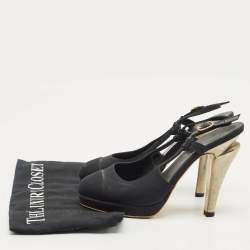 Pre Owned Chanel Black Canvas CC Cap Toe Slingback Pumps Size 37