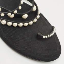 Pre Owned Chanel Black Canvas and Leather Pearl Embellished Thong Flats Size 40