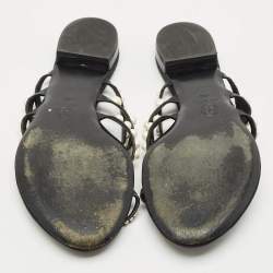 Pre Owned Chanel Black Canvas and Leather Pearl Embellished Thong Flats Size 40