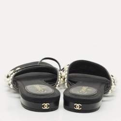 Pre Owned Chanel Black Canvas and Leather Pearl Embellished Thong Flats Size 40