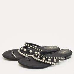 Pre Owned Chanel Black Canvas and Leather Pearl Embellished Thong Flats Size 40