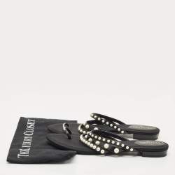 Pre Owned Chanel Black Canvas and Leather Pearl Embellished Thong Flats Size 40