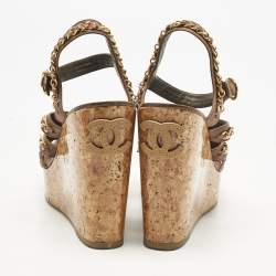 Pre Owned Chanel  Brown Leather CC Chain Link Straps Cork Platform Wedges  Sandals Size 39.5