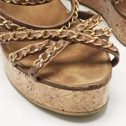 Pre Owned Chanel  Brown Leather CC Chain Link Straps Cork Platform Wedges  Sandals Size 39.5