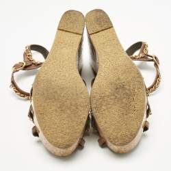 Pre Owned Chanel  Brown Leather CC Chain Link Straps Cork Platform Wedges  Sandals Size 39.5