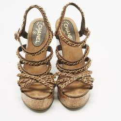 Pre Owned Chanel  Brown Leather CC Chain Link Straps Cork Platform Wedges  Sandals Size 39.5