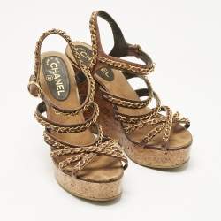 Pre Owned Chanel  Brown Leather CC Chain Link Straps Cork Platform Wedges  Sandals Size 39.5