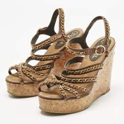 Pre Owned Chanel  Brown Leather CC Chain Link Straps Cork Platform Wedges  Sandals Size 39.5