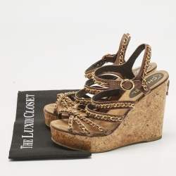 Pre Owned Chanel  Brown Leather CC Chain Link Straps Cork Platform Wedges  Sandals Size 39.5