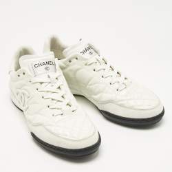 Pre Owned Chanel White Quilted Nylon and Leather CC Low Top Sneaker Size 38