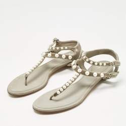 Pre Owned Chanel Grey Velvet Pear Embellished Thong Sandals Size 40