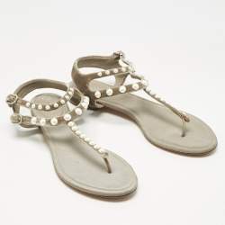 Pre Owned Chanel Grey Velvet Pear Embellished Thong Sandals Size 40