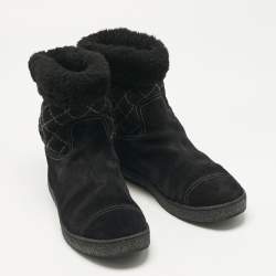 Pre Owned Chanel  Black Suede And Fur Chain Detail Ankle Boots Size 38
