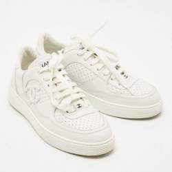Pre Owned Chanel White Leather CC Low Top Sneakers Size 36.5