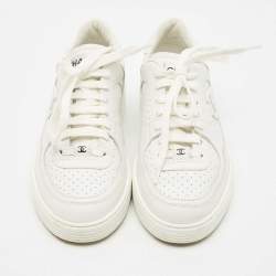 Pre Owned Chanel White Leather CC Low Top Sneakers Size 36.5