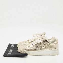 Pre Owned Chanel Gold Leather CC Low Top Sneakers Size 37