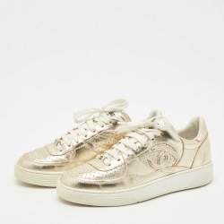 Pre Owned Chanel Gold Leather CC Low Top Sneakers Size 37