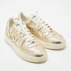 Pre Owned Chanel Gold Leather CC Low Top Sneakers Size 37