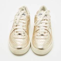 Pre Owned Chanel Gold Leather CC Low Top Sneakers Size 37