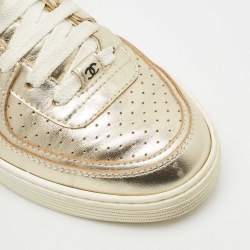 Pre Owned Chanel Gold Leather CC Low Top Sneakers Size 37