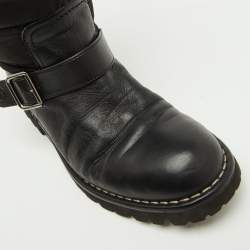Pre Owned Chanel Black Nylon and Leather CC Logo Moto Calf Length Boots Size 39